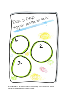 Auf dem Übungsblatt steht: "Diese drei Dinge schätze ich an dir:". Darunter sind drei nummerierte Kreise, welche von jemandem ausgefüllt werden können.